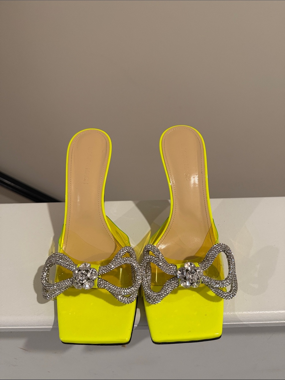 MACH & MACH Neon Yellow Crystal Bow Slide Mules